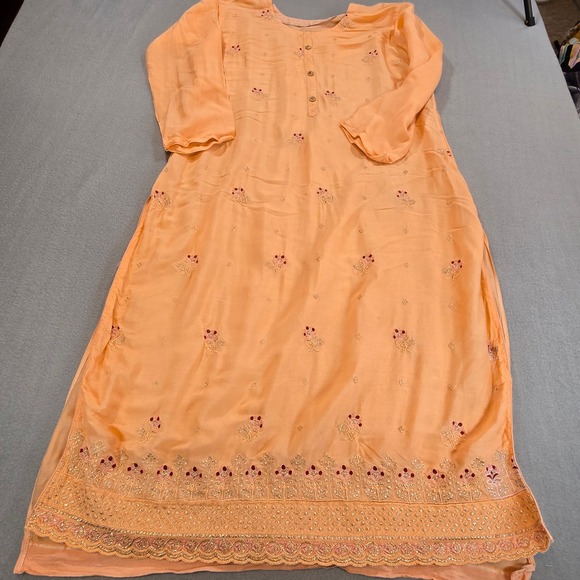 Unbranded Dresses & Skirts - Peach Embroidered Kurta Tunic Women Long Sleeve Floral Sequin Scalloped Hem